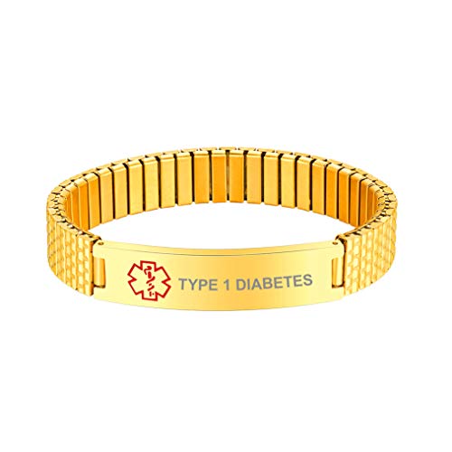 Bandmax Typ 1 Diabetes Armband für Männer Frauen 18k vergoldet Stretcharmband Medical Alert Symbol SOS Notfall Armband 21cm 12mm Manschette Armband Geschenk für Geburtstag von Bandmax