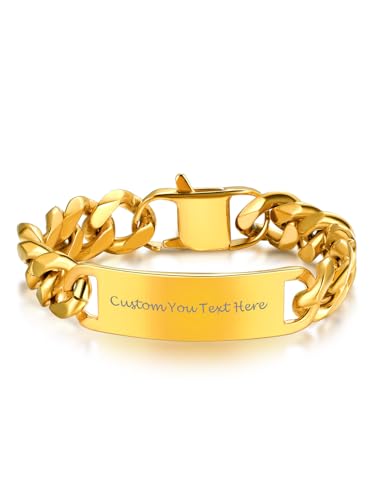 Bandmax 18k vergoldet Schildarmband 15mm breit massive Gliederarmband personalisiert ID-Armband + klassische Panzerkette 23cm Freundschaft Partnerschaft Modeschmuck für Männer von Bandmax