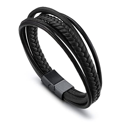 Bandmax Wickelarmband Herren Lederarmband Länge 19 cm Schwarzes Flechtarmband mit Magnetverschluss Manschettenarmband Partner Armbänder Accessoires Schmuck für Vatertag Geburtstag von Bandmax