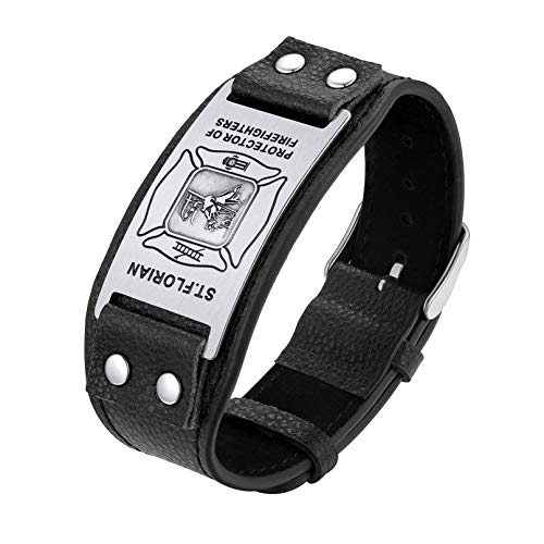 Bandmax personalisierte Armband für Männer schwarz Faux Lederarmband mit Porträt des St. Florian Manschette Armband Amulett Modeschmuck Accessoire für Feuerwehrmann von Bandmax