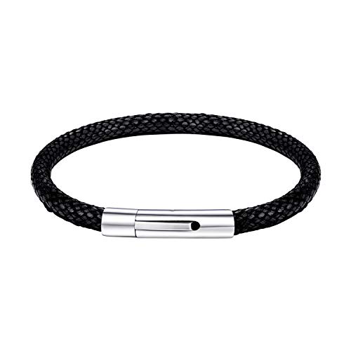 Bandmax schwarz Lederarmband für Männer 22cm Wachsschnur Armband mit Edelstahl Verschluss Herren geflochten Baumwollschnur Armreif wasserdicht Modeschmuck Geschenk für Geburtstag von Bandmax