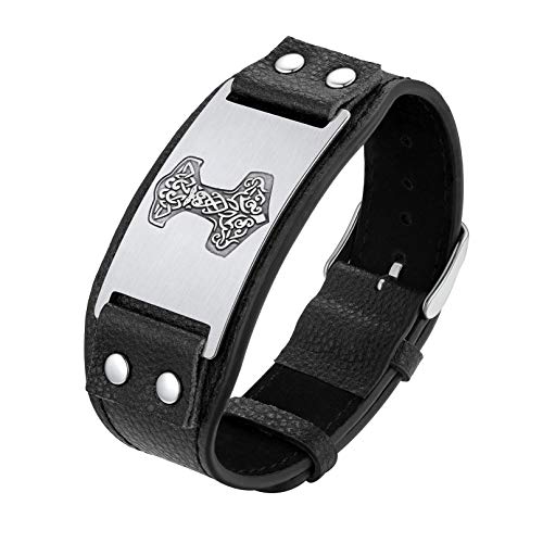 Bandmax verstellbare Manschette Armband für Männer Jungen Faux Leder Armband mit Porträt des Thors Hammer Wirking Amulett Armband Armschmuck für Geburtstag Jahrestag von Bandmax