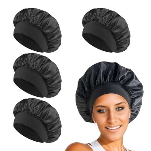 4 Stück Satin Bonnet,Haarhaube Für Die Nacht,Schlafhaube,Silk Bonnet,Bonnet Sleep Cap,Satin Haarhaube,Seidenhaube Zum Schlafen,Schlafmütze Seide Für Frauen Und Mädchen Schwarzes Haar Lockiges Haar von banjiabb