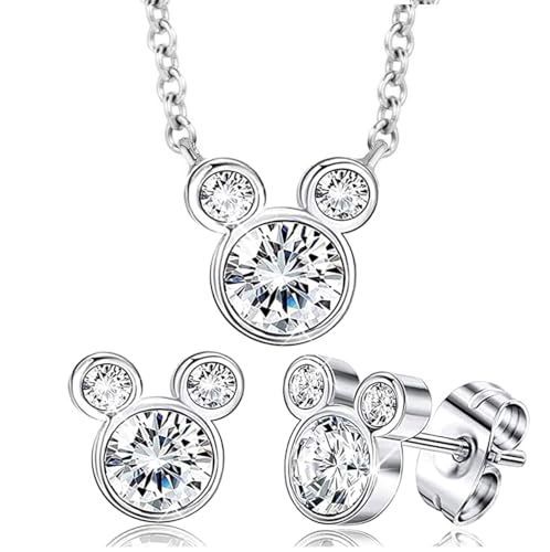 Kaguyo Schmucksets für Damen – Halskette mit Mickey-Mouse-Anhänger aus Sterlingsilber mit klarem Zirkonia und Ohrsteckern mit Minnie Mouse – Schmuckset für Damen und Mädchen – Geburtstagsgeschenk von baobei