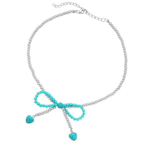 baojielai Vintage-Halskette, Schleife, Herz, Türkis, Schlüsselbeinkette, elegante Halskette für Damen, Retro-Schmuckstück baojielai Vintage-Halskette, Schleife, Herz, Türkis, Schlüsselbeinkette, elegante Halskette für Damen, Retro-Schmuckstück von baojielai