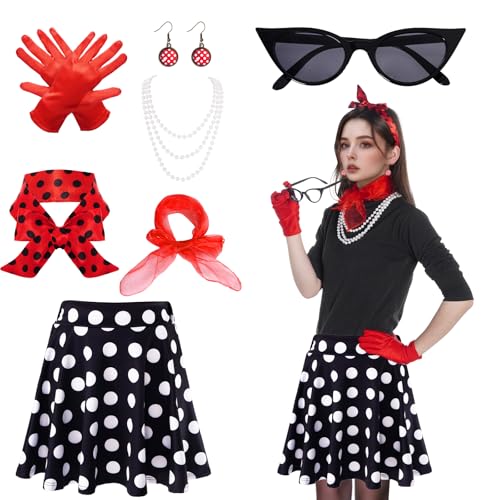 50er Jahre Damen Zubehör 1950s Kostüm Set Damen Hohe Taille Mini Rock Dot Stirnband Katzen Auge Brille Rot Chiffon Schal Handschuhe für Motoparty Retro Teily Party (Rot, M) von baotongle