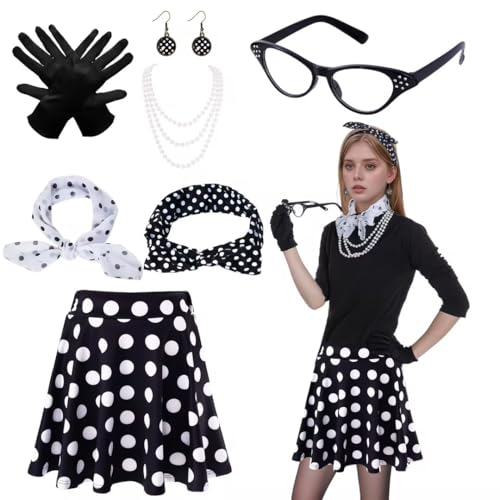 50er Jahre Damen Zubehör 1950s Kostüm Set Damen Hohe Taille Mini Rock Dot Stirnband Katzen Auge Brille Rot Chiffon Schal Handschuhe für Motoparty Retro Teily Party (Schwarz, S) von baotongle