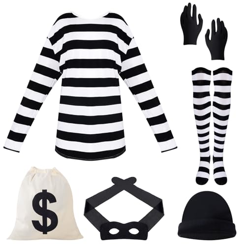 Halloween Kostüm Damen Frau Räuber Kostüm Set mit T-Shirt Mütze Handschuhen Socken Tasche für Halloween Karneval Cosplay (M) von baotongle