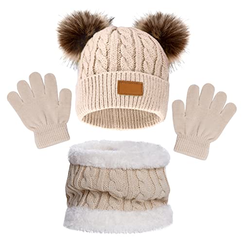 baotongle Kinder Wintermütze Schal Doppel Pompon Strickmützen Herbst Winter Mütze Loop Schal Set Mädchen Wintermütze Beanie Set für Kinder Dunkelpink von baotongle