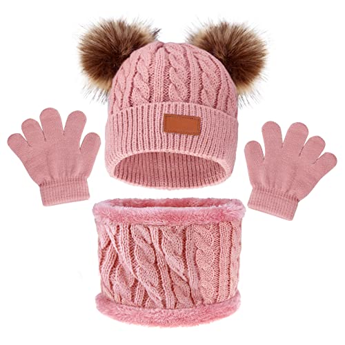 baotongle Kinder Wintermütze Schal Doppel Pompon Strickmützen Herbst Winter Mütze Loop Schal Set Mädchen Wintermütze Beanie Set für Kinder Dunkelpink von baotongle