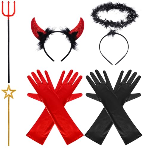 baotongle Teufel kostüm Damen Teufelsohren Heiligenschein Schwarz Teufel Haarreifen Handschuhe Zauberstab für Karneval Halloween Fasching von baotongle