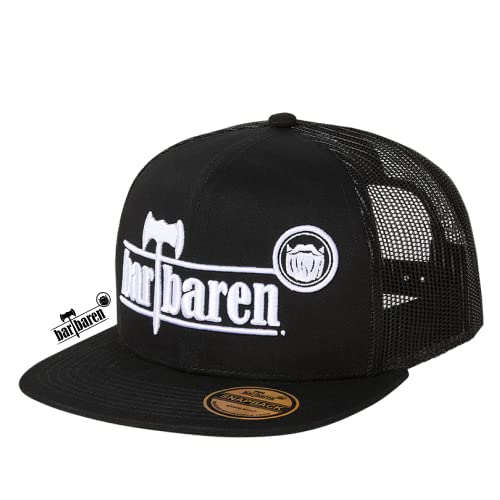 barTbaren – Snapback mit Netz in Schwarz – verstellbare Unisex Trucker Cap für Damen und Herren mit hochwertig aufgesticktem Logo in Weiß von barTbaren