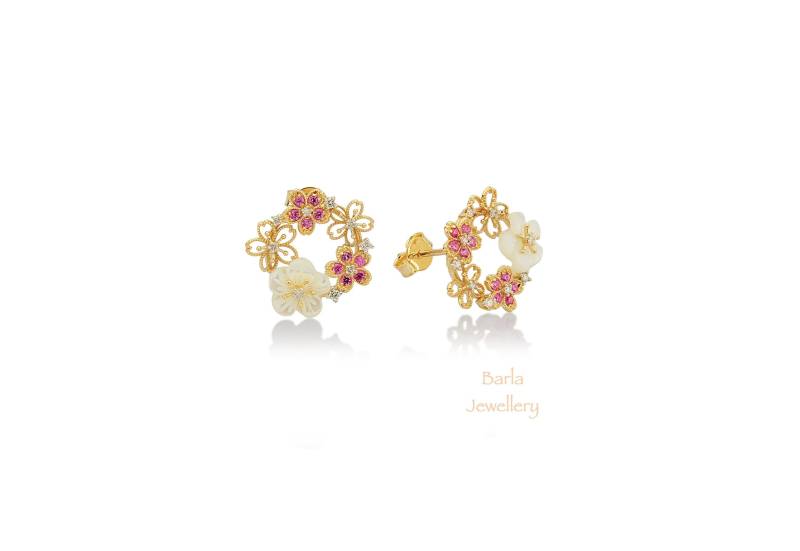 Blumen Ohrringe, Einzigartige Diamant Und Saphir 14K Gold Solid Zierliche Weihnachtsverkauf von barlajewellery