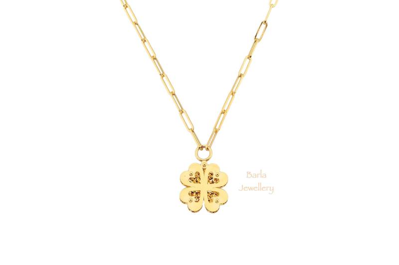 Klee Halskette, 14K Gold Vier Blatt Charm Liebe Anhänger, Zierliche Halskette Mit 4 Kleinen Herzen von barlajewellery