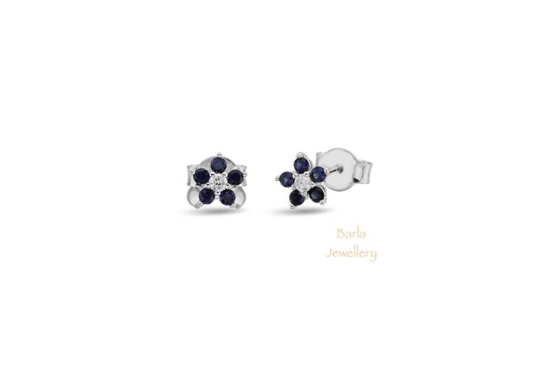 Saphir-Ohrringe, 14K Gold Diamant Und Saphir-Cluster-Bolzen-Ohrringe, Blumen-Saphir - Diamant-Bolzen, Natürlicher Blauer Saphir-Bolzen von barlajewellery