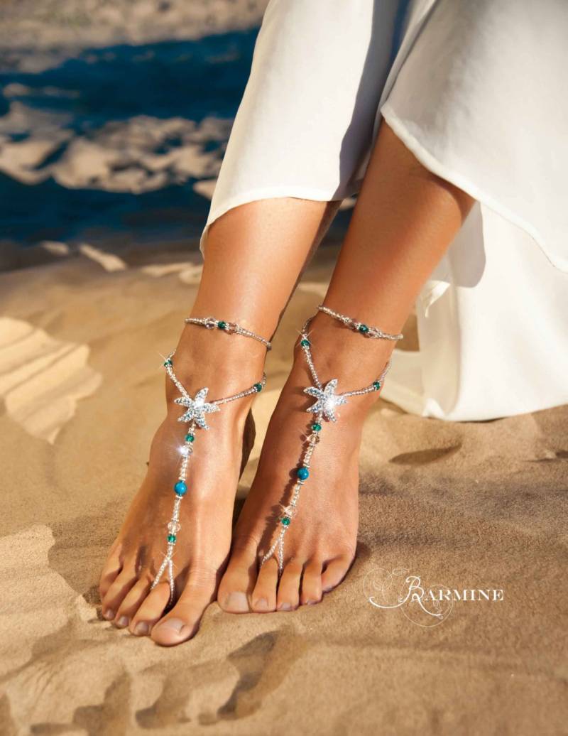 Strand Hochzeit Barfuss Sandalen Braut Fußschmuck Strass Seestern Barfuß Schuhe Footless Blau von barmine