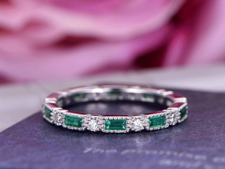 Lab Smaragd Moissanit Trauring 14K Weißgold Art Deco Ring von bartUSgem