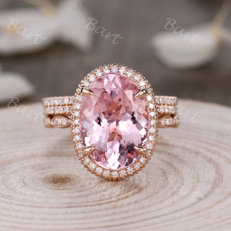 Oval Rosa Morganit Verlobungsring Set 14K Rose Gold Braut Set von bartUSgem