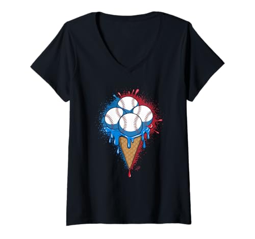 Damen Baseball Ice Cream Icecream American Flag Three Baseballs T-Shirt mit V-Ausschnitt Damen Baseball Ice Cream Icecream American Flag Three Baseballs T-Shirt mit V-Ausschnitt von baseball player and coach designs with ice cream