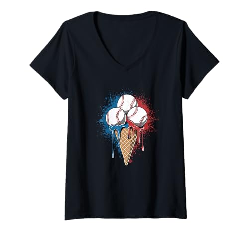 Damen Baseball Ice Cream Icecream American Flag Three Baseballs T-Shirt mit V-Ausschnitt von baseball player and coach designs with ice cream