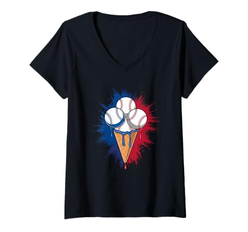 Damen Baseball Ice Cream Icecream American Flag Three Baseballs T-Shirt mit V-Ausschnitt von baseball player and coach designs with ice cream