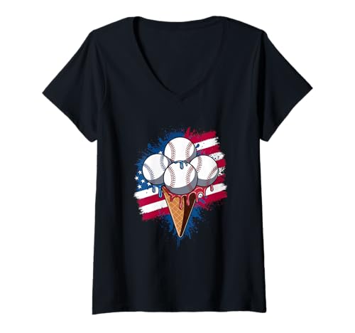 Damen Baseball Ice Cream Icecream American Flag Three Baseballs T-Shirt mit V-Ausschnitt von baseball player and coach designs with ice cream