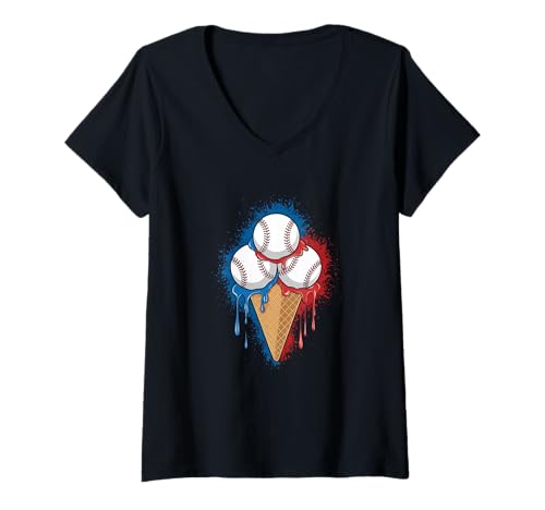 Damen Baseball Ice Cream Icecream American Flag Three Baseballs T-Shirt mit V-Ausschnitt von baseball player and coach designs with ice cream