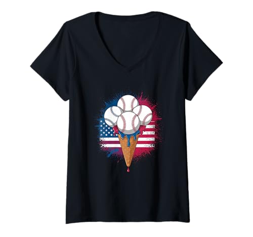 Damen Baseball Ice Cream Icecream American Flag Three Baseballs T-Shirt mit V-Ausschnitt von baseball player and coach designs with ice cream