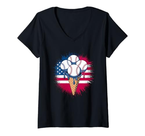 Damen Baseball Ice Cream Icecream American Flag Three Baseballs T-Shirt mit V-Ausschnitt von baseball player and coach designs with ice cream