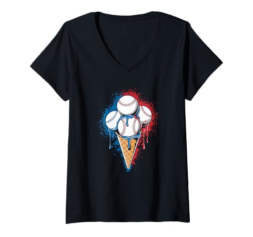 Damen Baseball Ice Cream Icecream American Flag Three Baseballs T-Shirt mit V-Ausschnitt Damen Baseball Ice Cream Icecream American Flag Three Baseballs T-Shirt mit V-Ausschnitt von baseball player and coach designs with ice cream