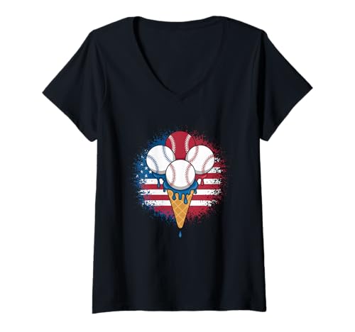 Damen Baseball Ice Cream Icecream American Flag Three Baseballs T-Shirt mit V-Ausschnitt von baseball player and coach designs with ice cream