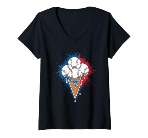Damen Baseball Ice Cream Icecream American Flag Three Baseballs T-Shirt mit V-Ausschnitt von baseball player and coach designs with ice cream
