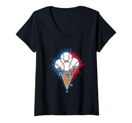 Damen Baseball Ice Cream Icecream American Flag Three Baseballs T-Shirt mit V-Ausschnitt von baseball player and coach designs with ice cream