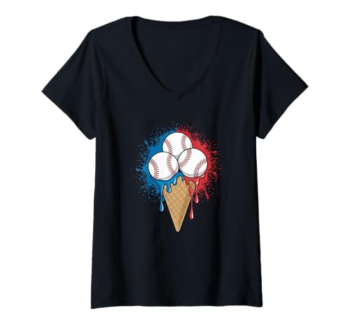 Damen Baseball Ice Cream Icecream American Flag Three Baseballs T-Shirt mit V-Ausschnitt von baseball player and coach designs with ice cream