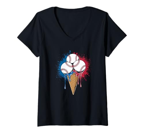 Damen Baseball Ice Cream Icecream American Flag Three Baseballs T-Shirt mit V-Ausschnitt von baseball player and coach designs with ice cream
