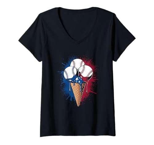 Damen Baseball Ice Cream Icecream American Flag Three Baseballs T-Shirt mit V-Ausschnitt von baseball player and coach designs with ice cream