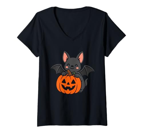 Damen Niedliche Fledermaus mit Kürbis T-Shirt mit V-Ausschnitt von bat pumpkin cute chibi kawaii halloween ghost