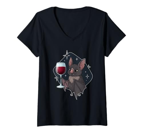 Damen Fledermaus mit Weinglas T-Shirt mit V-Ausschnitt Damen Fledermaus mit Weinglas T-Shirt mit V-Ausschnitt von bat wine glass stars spooky halloween ghost