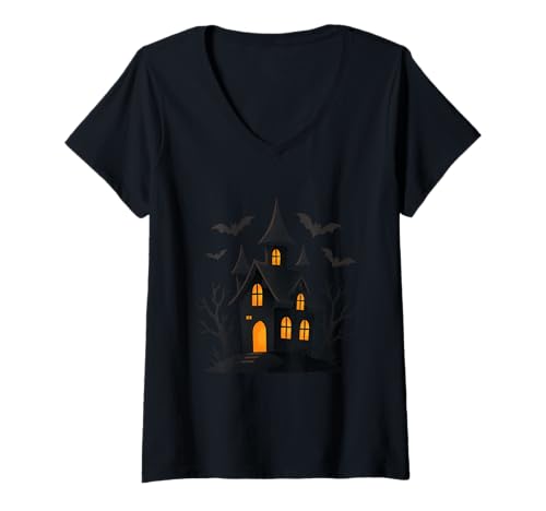 Damen Haus mit Fledermäusen Nacht T-Shirt mit V-Ausschnitt von bats night spooky halloween halloween pumpkin