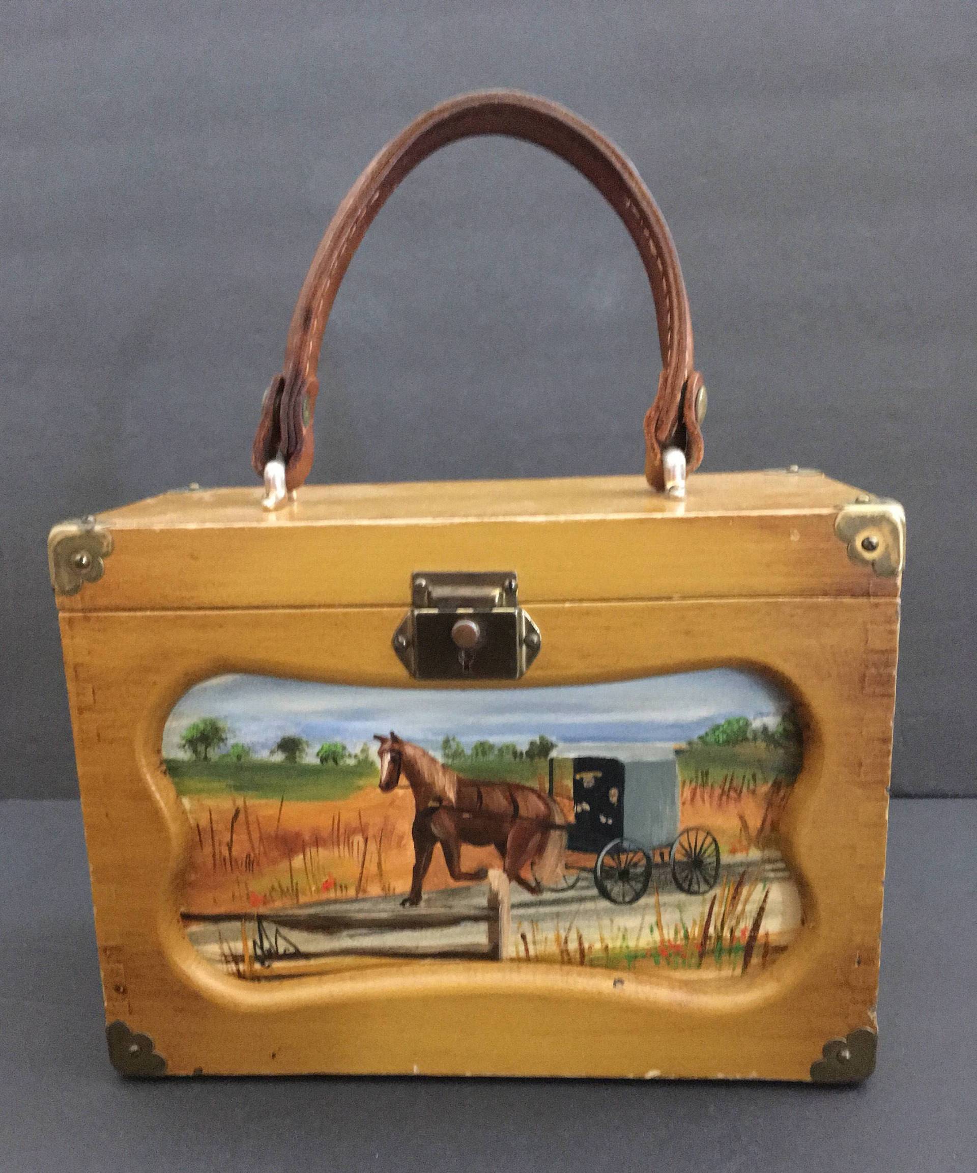 Vintage Marvie # 281 Box Top Griff Holz Handgemalte Amish Szene Handtasche Usa Thanksgiving Dekor von baublesandblingforu