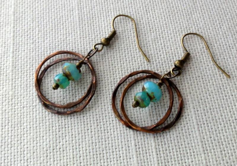 Kupfer Creolen Mit Aqua Picasso Glas Ohrringe von baublesbybethann