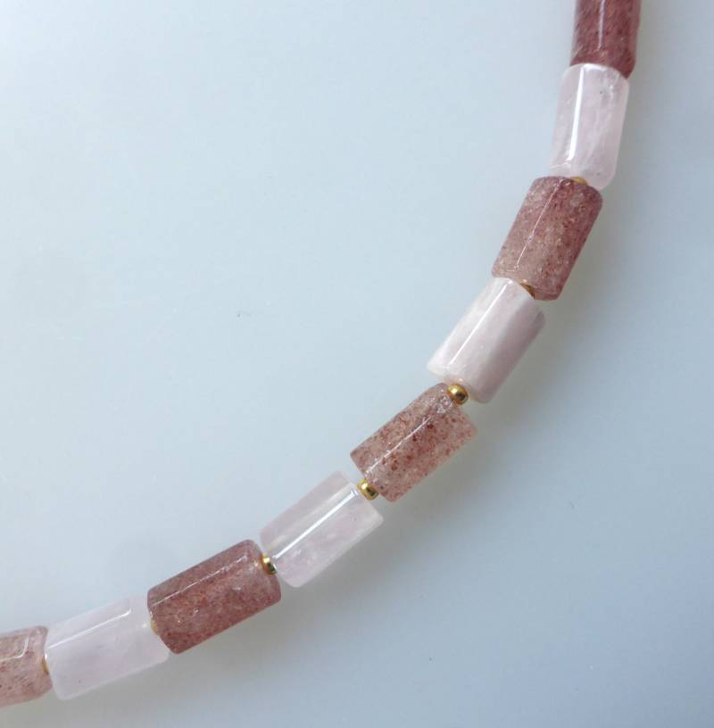 Halskette, Collier, Edelsteine, Erdbeer-Quarz, Rosenquarz, Facettiert von baumschmuck