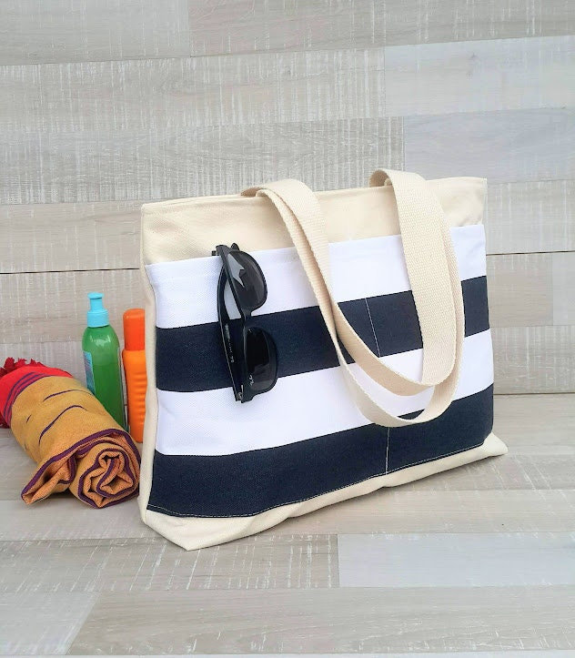 Yaho Strandtasche, Große Tragetasche, Navy Blau Und Weiß Gestreift, Markttasche, Streifentasche, Marineweiße Streifen, Schultertasche von bayanhippo