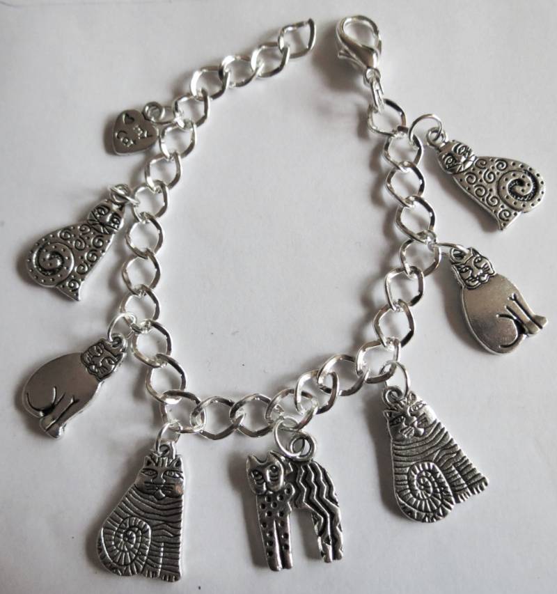 18-21 cm Langes Silberfarbenes Bettelarmband Mit Katzenanhängern von bazaarchoices