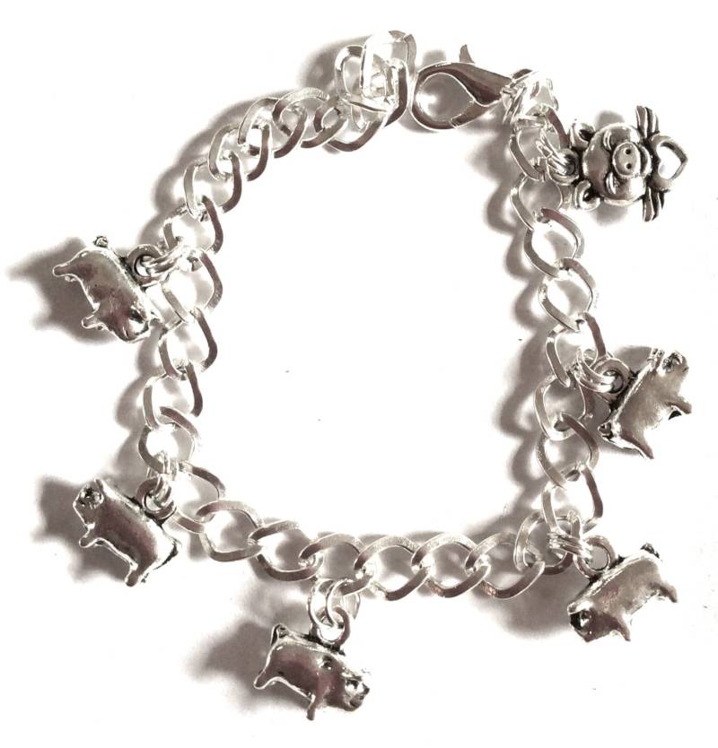 "Dieses Kleine Schweinchen, Schweinchen Handgefertigt Silber Ton Bettelarmband 19cm /7.5 "Andere Längen Erhältlich Und Passende Ohrringe." von bazaarchoices