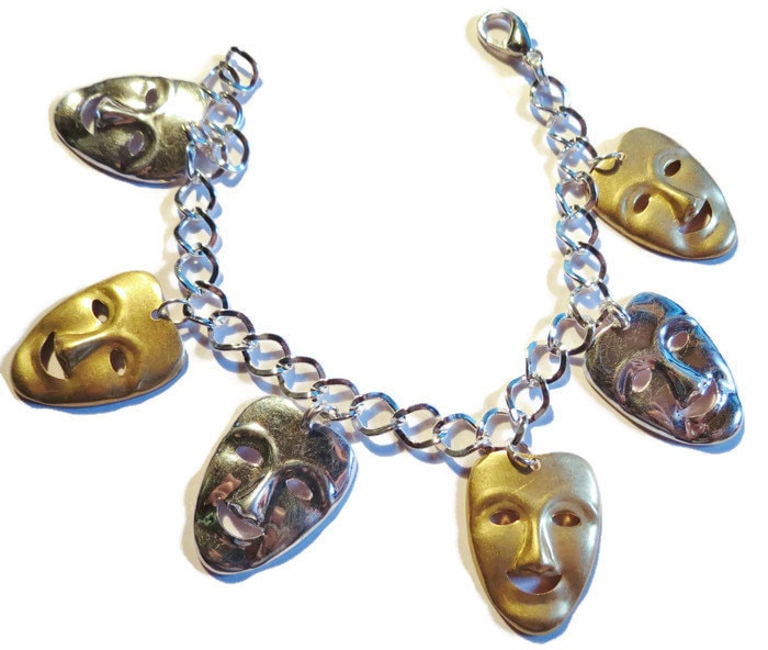 Fröhliche Gesichtsmasken Skurriles Design Handgemachtes Silber - Und Goldtonarmband Wahl Der Längen Von 19-21 cm von bazaarchoices