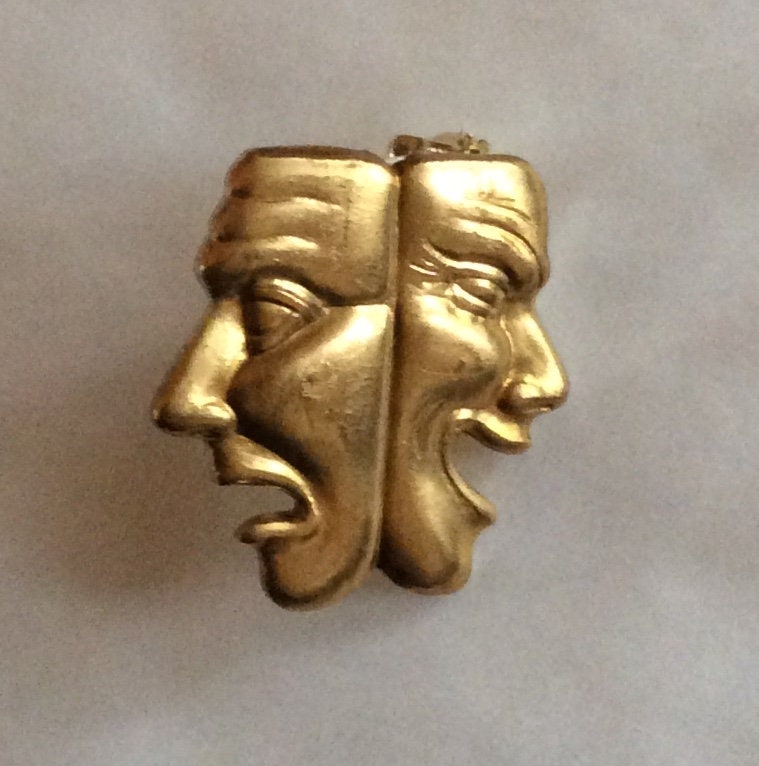Glückliche Und Traurige Gesichter Komödie/Tragödie Masken Rohmessing Gold Kleine Ton Brosche Pin Vintage Ergebnisse von bazaarchoices