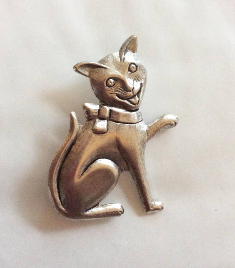 Goofy Cat Brosche Vintage 90Er Jahre Silber Oxide Katze Einzigartig von bazaarchoices