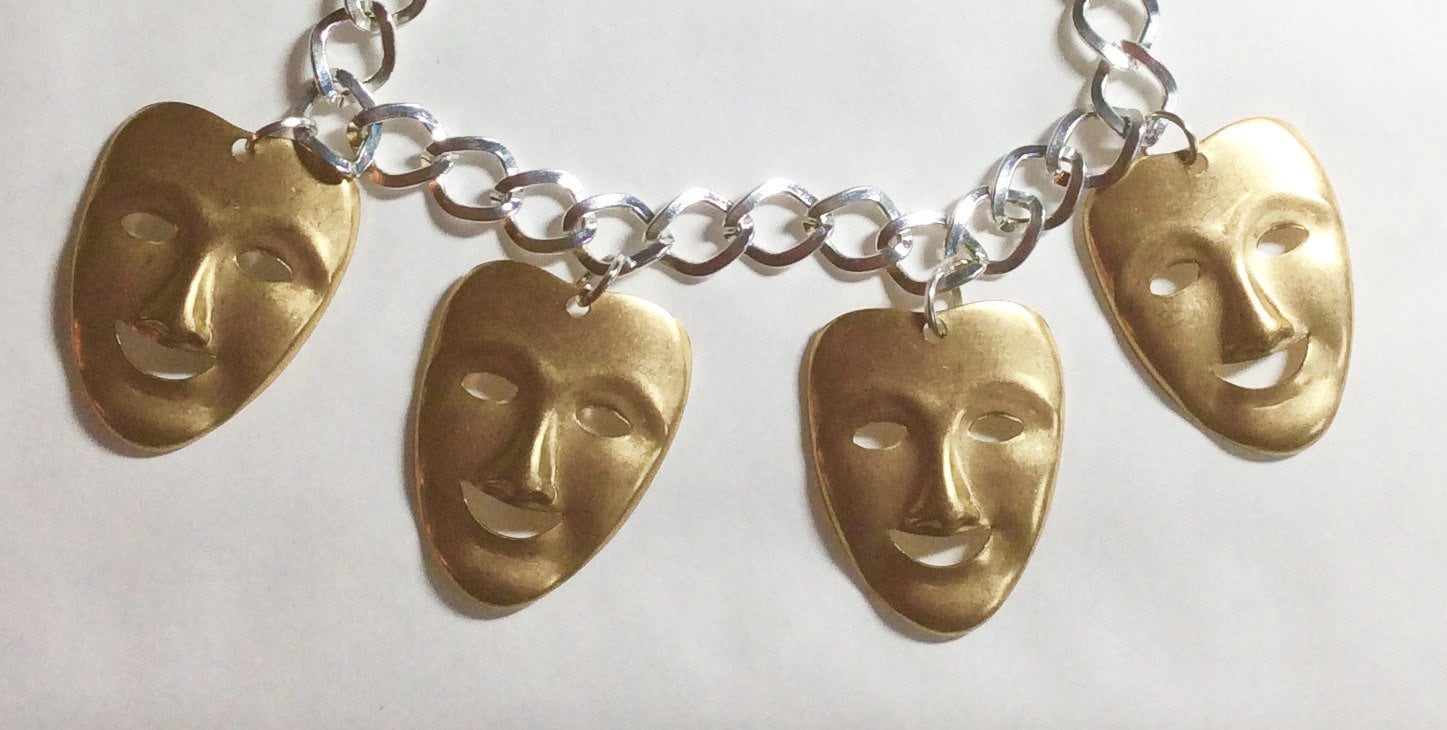 Happy Mask Armband Komödie Gesichter Masken Roh Messing Und Silberton Längenwahl 19-21cm von bazaarchoices