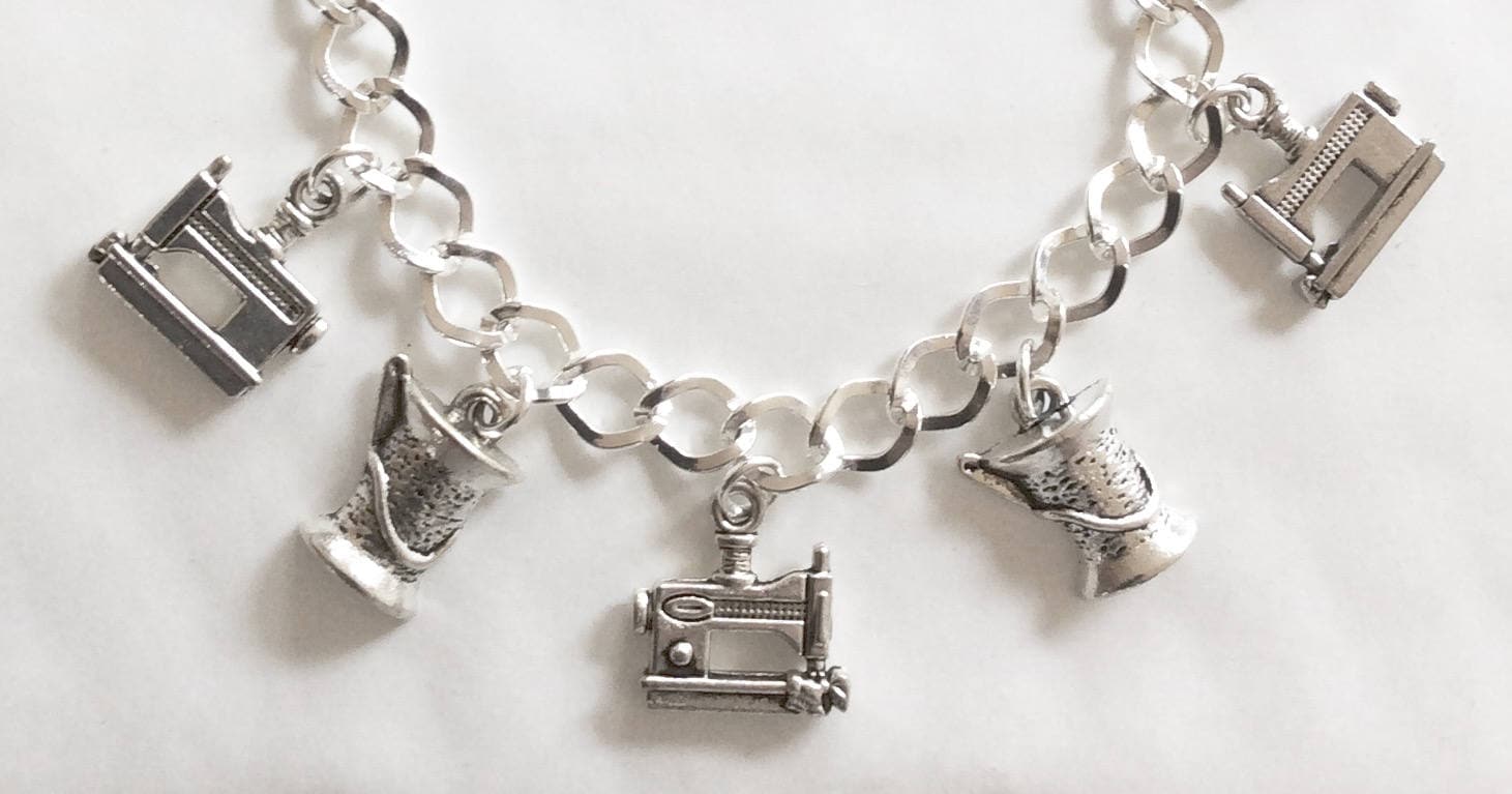 Nähen Armband Handgemacht Silber Ton Nähmaschine Spule Aus Baumwolle Anhänger 19-21 cm Wahl Der Längen von bazaarchoices